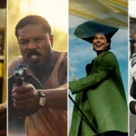 Collage de cuatro películas nominadas al Oscar 2026: Brad Pitt en el drama de automovilismo 'F1', Michael B. Jordan en el thriller de terror 'Sinners', Emma Stone en la comedia negra 'Bugonia' y Jessie Buckley en el drama histórico 'Hamnet'.