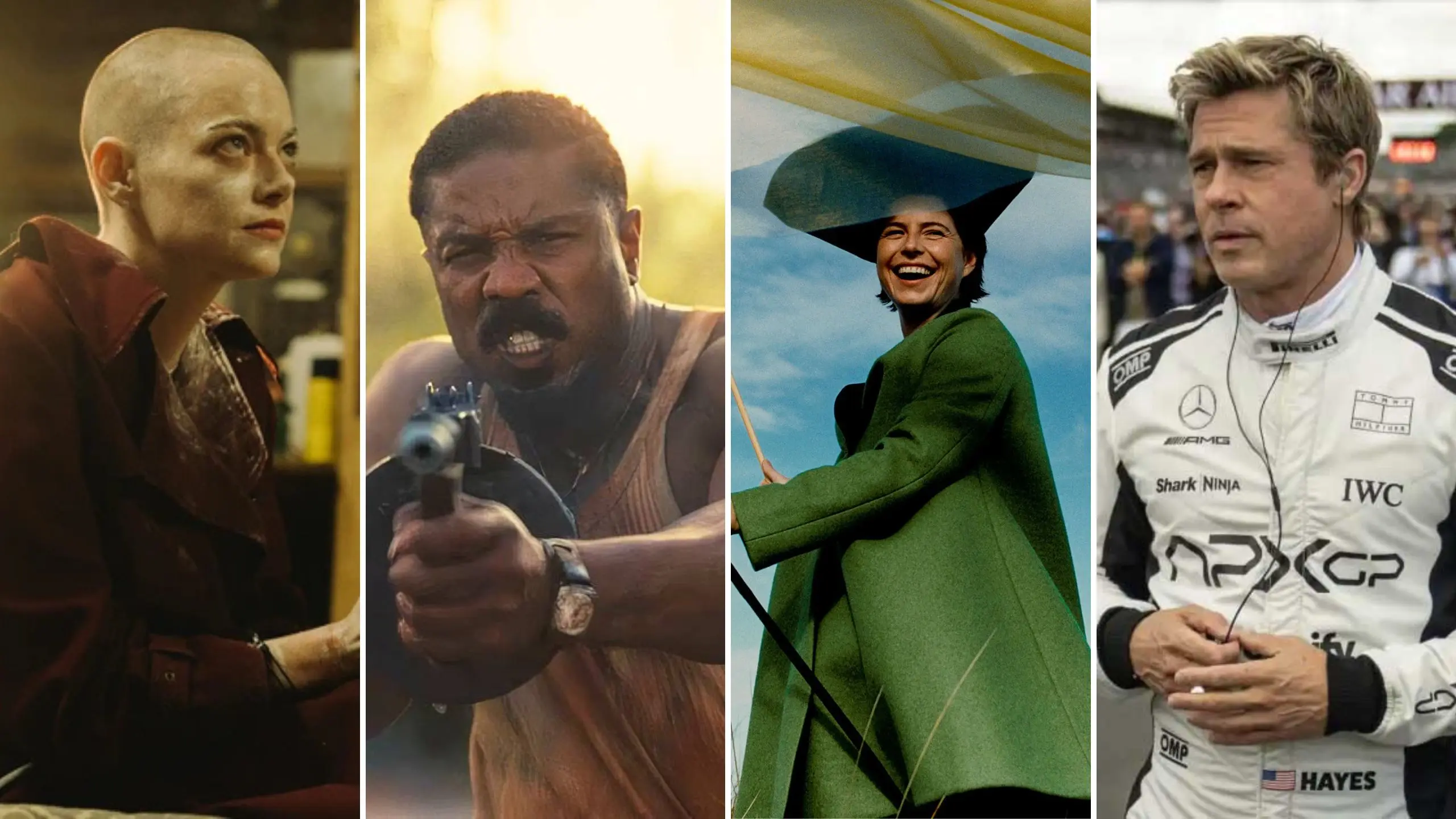 Collage de cuatro películas nominadas al Oscar 2026: Brad Pitt en el drama de automovilismo 'F1', Michael B. Jordan en el thriller de terror 'Sinners', Emma Stone en la comedia negra 'Bugonia' y Jessie Buckley en el drama histórico 'Hamnet'.